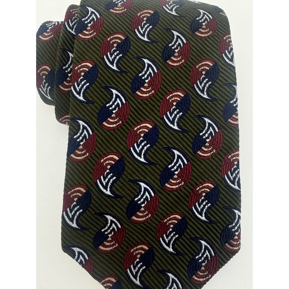 NWOT XMI PLATINUM Woven Handmade Paisley Geometric Print Dark Green Silk Tie